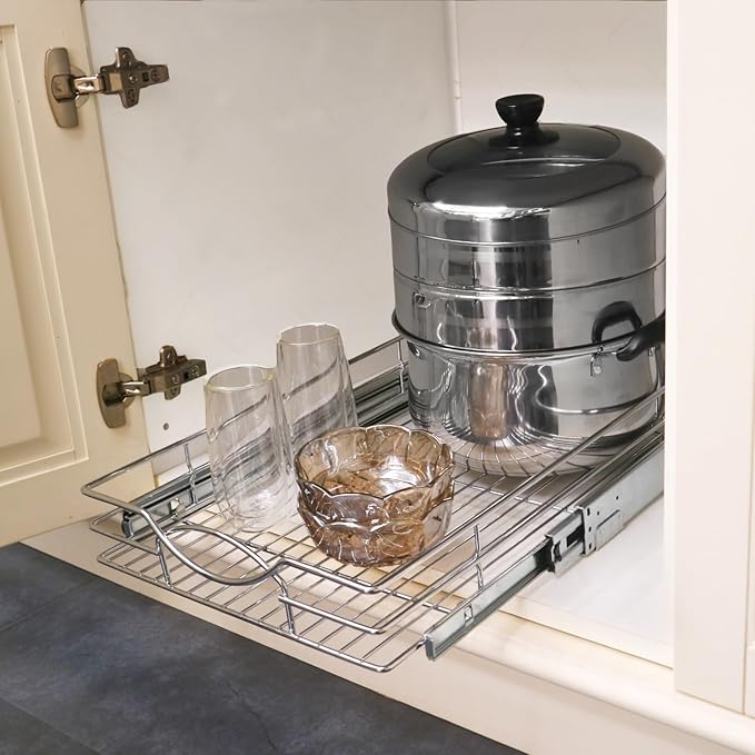 Pull Out Cabinet Drawer Organizer, 14”W x 21”D - Requires At Least 15 Cabinet Opening, Heavy Duty Slide Out Shelves, Sliding Drawer Storage for Kitchen, Bathroom, Chrome Finish