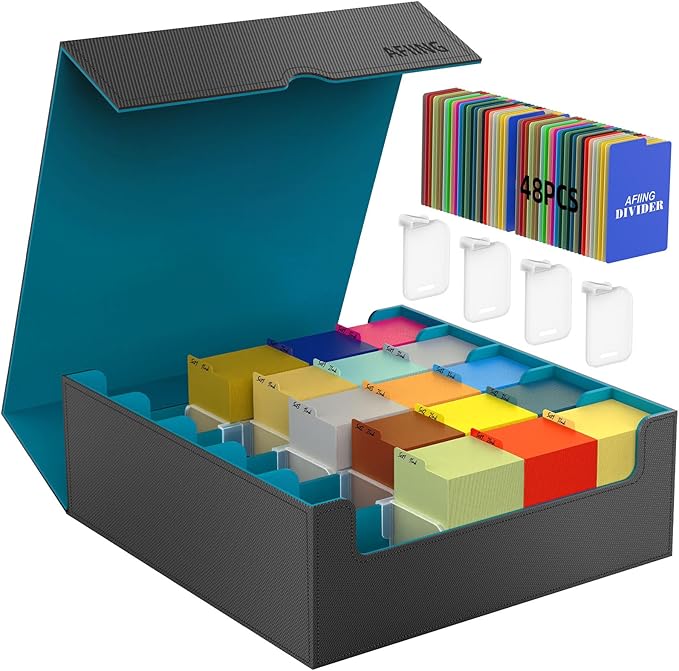 AFIING 4-Row Trading Card Storage Box – Holds 3200+ Cards, 48 Dividers & 4 Stoppers, Card Deck Box for MTG TCG Sports Cards – Includes 1 Dice Bag(Black Cyan)
