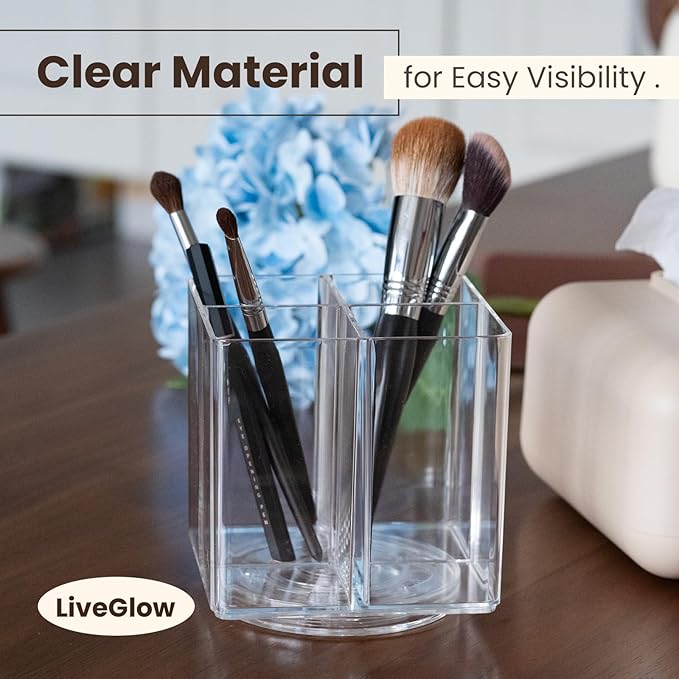 Clear Makeup Brush Holder,Acrylic Rotating 360°Makeup Brush Organizer,Pen holder with 4 Grids,Makeup Holder for Courtup,Containers for Desk,1pc
