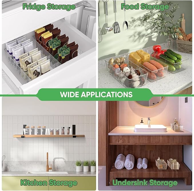4 Pack Pantry Organizers and Storage,Snack Containers with 3 Dividers for Kitchen,Fridge,Refrigerator Organization and Storage,Clear Plastic Organizer Bins for Spice,Tea bag,Seasoning