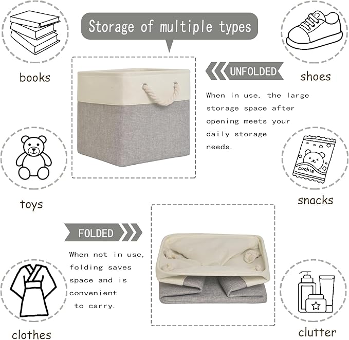12x12 storage cube bins[6 Pack],Fabric Storage Cubes with Rope Handles, Eco-Friendly Linen Collapsible Organizers for Closet, Nursery, Toys, Office, Bathroom – Dual Color Design.(White&Grey)