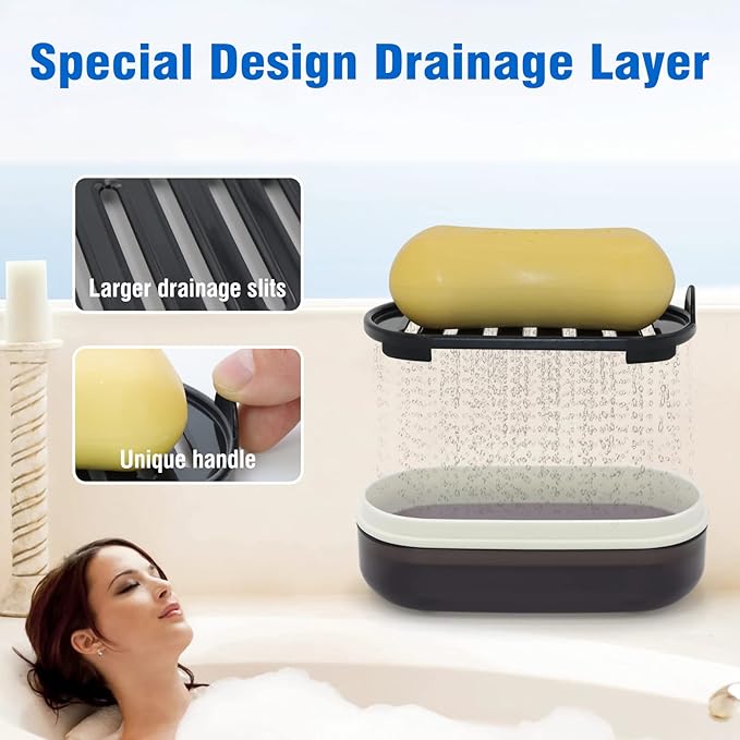 Travel Soap Container, Leakproof Soap Box, Travel Soap Holder with Removable Draining Layer, Portable Soap Case for Traveling, Camping, Gym (Black)