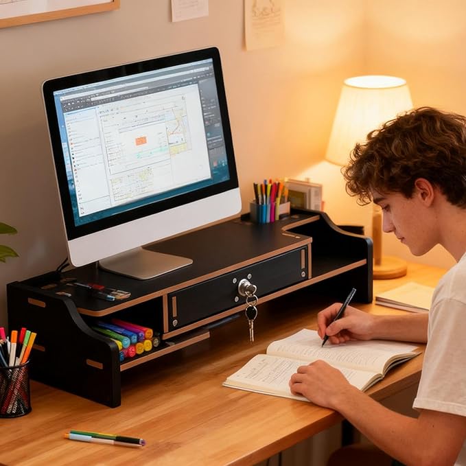 Desktop Computer Elevated Stand 48.8x20x10.5cm, Wooden Monitor Riser with Drawer, Organizer Shelf for Laptop, Printer, PC, TV Screen, Home, Dorm, Office