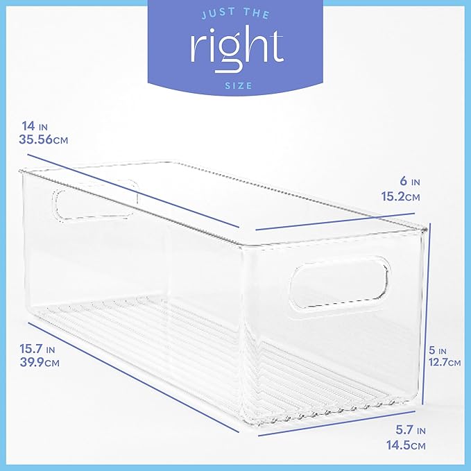 primebox Plastic Food Storage 2 Pack Clear Container Bin with Handles for Organizing Kitchen, Pantry, Fridge, Freezer, Pantry, Bathroom. 14"x6"5"