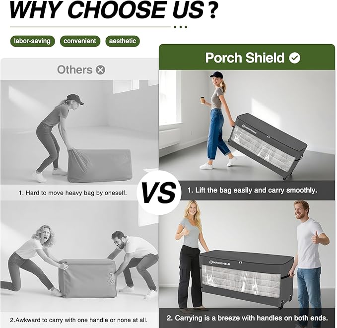 Porch Shield Rolling Cushion Storage Bag with Wheel - Heavy Duty Large Container for Furniture Pillow 9 Ft Tree Christmas 62" L x 20" W x 28" H