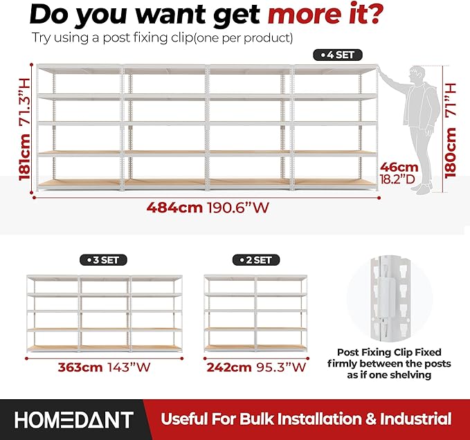 HOMEDANT 5 Tier Storage Shelves Adjustable Laminated Boltless Garage Metal Shelving Unit Heavy Duty Utility Rack Shelf Warehouse Pantry Closet Kitchen (3, (L) 48.1" W, White)