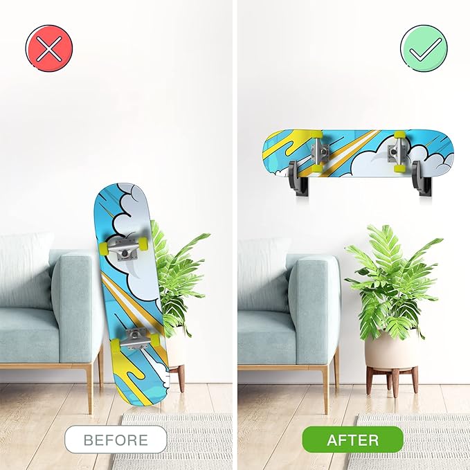 BiJun Skateboard Wall Mount, Snowboard Wall Mount Display, Acrylic Horizontal Skateboards Rack, Skateboard Storage Hanger (Black)