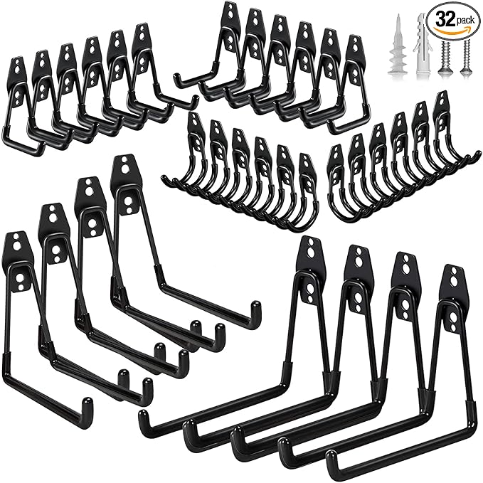 32 Pack Steel Garage Hooks Heavy Duty, Utility Wall Mount Hook with Anti-Slip Coating, Hanger & Organizer for Bulk Items, Bikes, Ladders, Power Tools, Ropes, and More Equipment