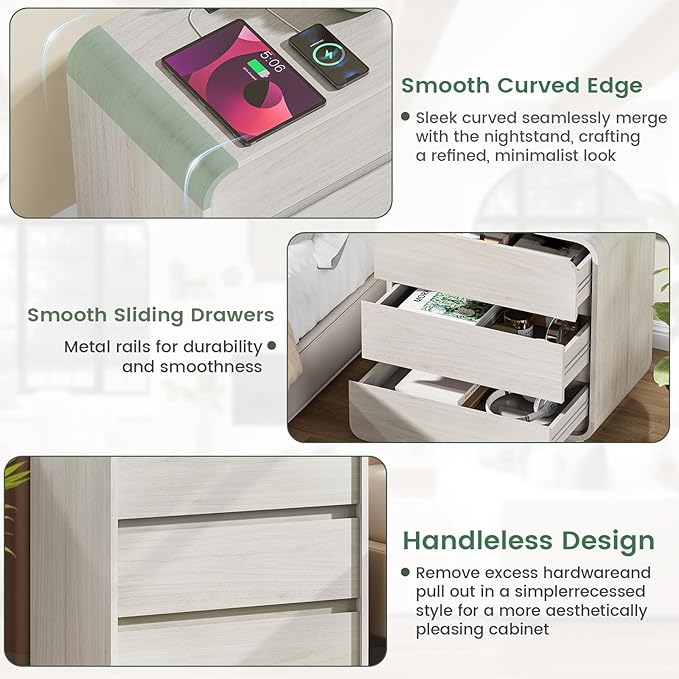 White Nightstand Set of 2 with Charging Station, 23.2" Wide Wood Bedside Table, Modern Dresser End Table with 3 Storage Drawers, Curved Profile, Mid Century Night Stand for Bedroom Dorm