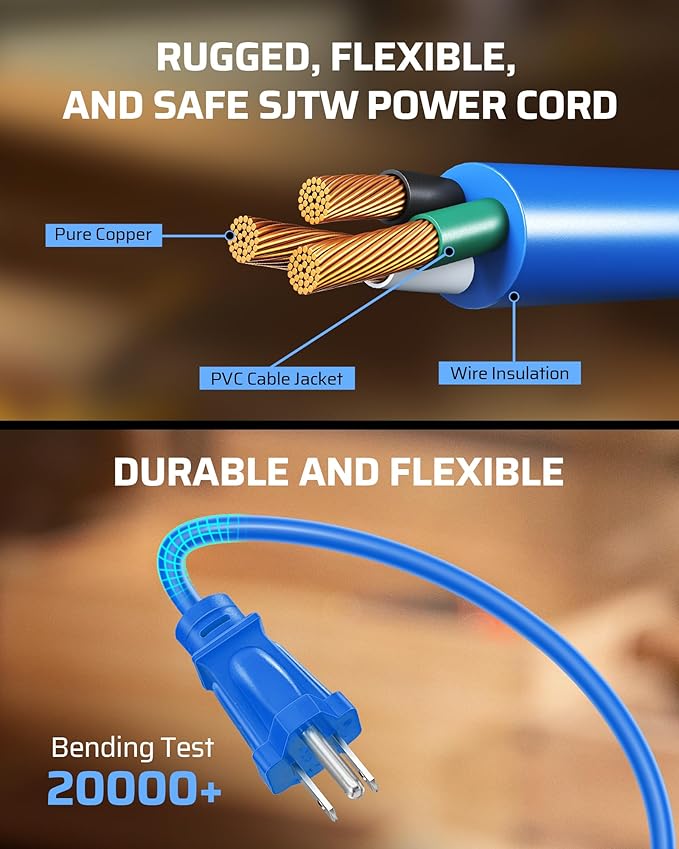 DEWENWILS Extension Cord Reel with 25 FT Power Cord, Hand Wind Retractable, 16/3 AWG SJTW, 4 Grounded Outlets, 13 Amp Circuit Breaker, Blue, Blue Cord, UL Listed