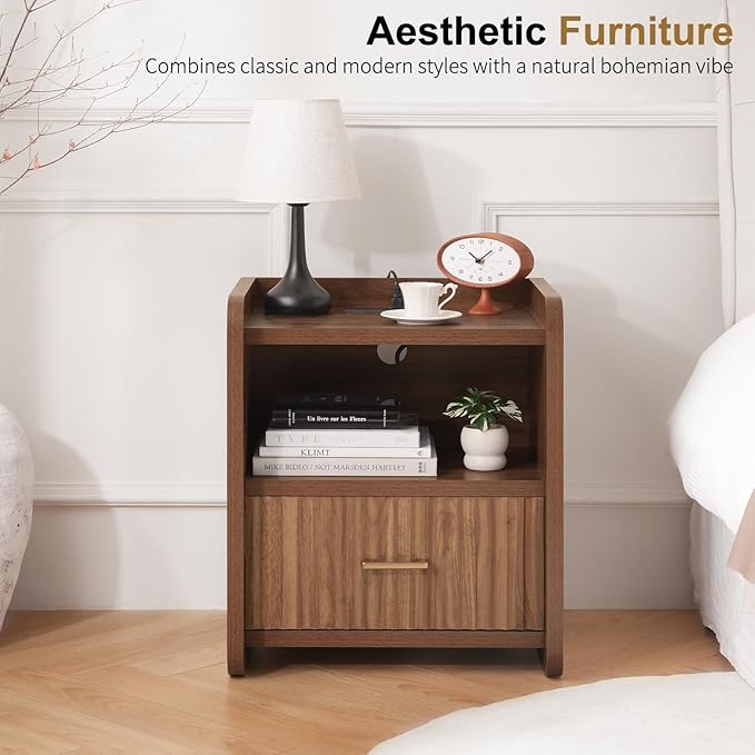 Night Stand with Charger Station, Fluted Wood Nightstand with Drawer Storage, Modern Bedside Table, Wide Nightstands for Bedroom, Mid Century Wooden Night Stands for Home Office Sofa Couch
