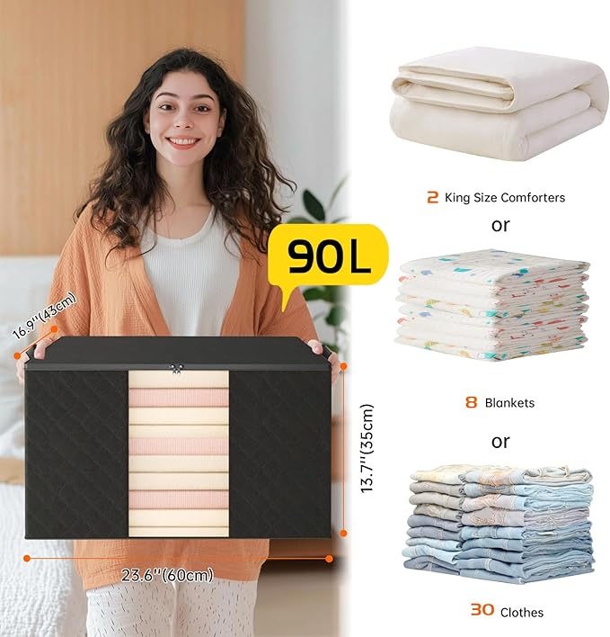 6 Pack Clothes Storage Bags - 90L Blanket Organizers and Storage for Closet Large Storage Bins with Lids and Zipper Storage Containers for King Comforter, Pillow and Sweater (Black, 6 Pack)
