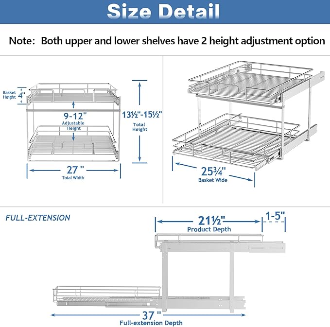 LOVMOR 2 Tier Individual Pull Out Cabinet Organizer 27" W x 21½" D, Slide Out Kitchen Cabinet Storage Sliding Shelves