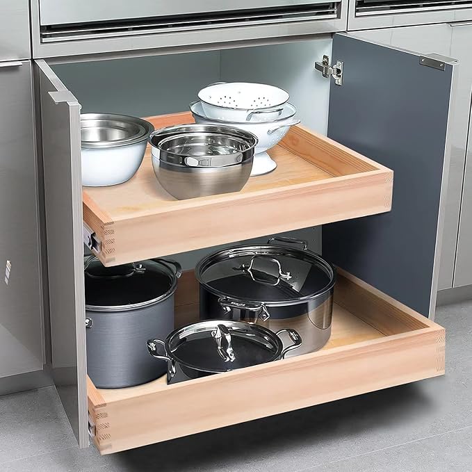 26''W x 21''D x 3''H Pull Out Cabinet Drawer Soft Close Slide Out Wood Organizer for Kitchen, Finished, Bottom and Side Assembly (Wood Drawer Part Width is 25inch)