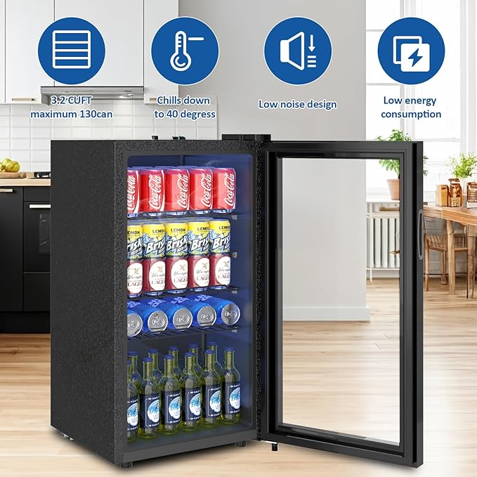 Beverage Refrigerator, 3.2 Cu.ft Mini Fridge with Glass Door, Adjustable Digital Temperature Control for Soda, Beer, Wine for Home, Office or Bar