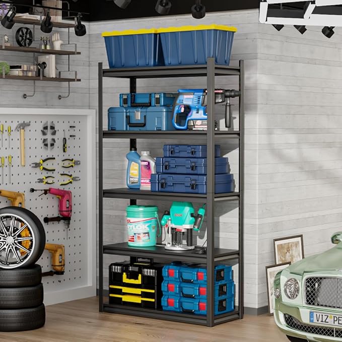 32" W Garage Shelving,5-Tier Heavy Duty Shelving Unit,3000LBS Adjustable Metal Storage Shelves,Storage Rack Units for Industrie,Shed,Warehouse,Basement,Black,32" W x 16" D x 63" H