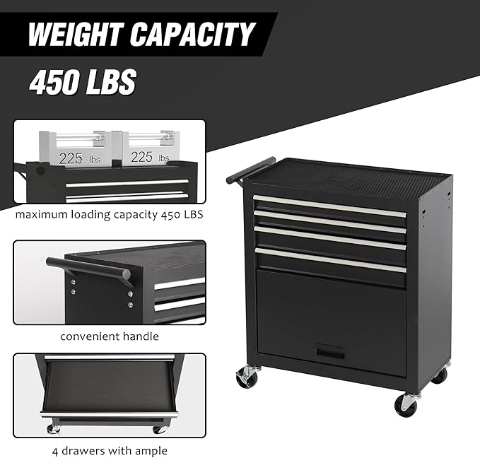 4-Drawer Rolling Tool Chest, Cabinet with 4 Wheels Tool Chest with Drawers, Suitable for Garages, Warehouses, Workshops, Repair Shops, Black