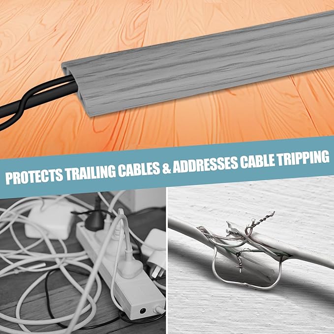 Floor Cord Cover Self Adhesive Cord Hider,20FT Cable Management, Extension Strip Protector for Wires, Prevent Cable Trips for Offices, Gyms, Exhibitions Cavity:0.39"(W) x 0.27"(H) Gray Wood
