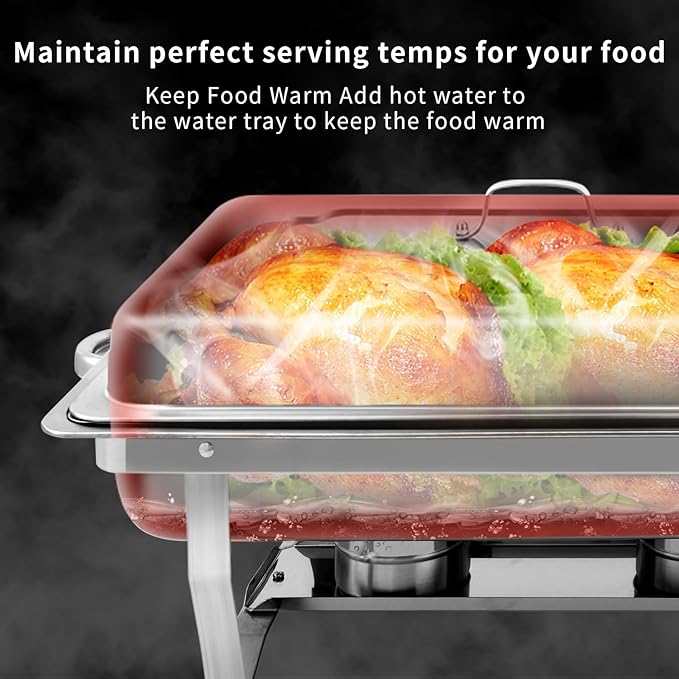 8 Qt 2 Pack Full Size Stainless Steel Chafing Dishes Buffet Set, Silver Rectangular Catering Chafer Warmer Set with Trays Pan Lid Folding Frame Stand for Kitchen Party Banquet Dining