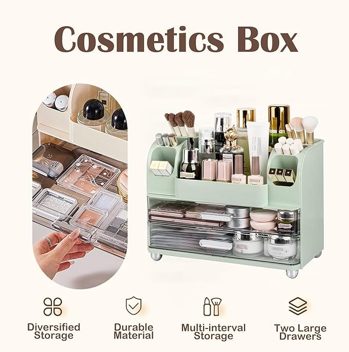 Large Makeup Organizers Countertop for Vanity, Bathroom Make Up Storage with Brush Holder, Cosmetic Display Case with 2 Drawers for Skincare,Lipstick (Green)