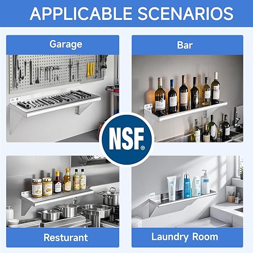 ROCKPOINT Stainless Steel Shelf 10 x 24 Inches 210lb, 2 Pack NSF Metal Commercial Shelves Wall Mount Floating Shelving with Backsplash for Restaurant, Kitchen, Home and Hotel, Silver