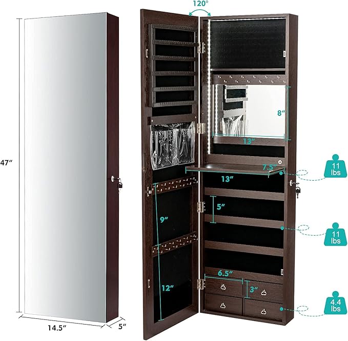 CHARMAID LED Strip Jewelry Armoire with 47.2" H Full Length Mirror, Wall Door Mounted Jewelry Organizer Cabinet with Built-in Mirror, Flip-over Cosmetic Tray, 4 Drawers (Coffee)