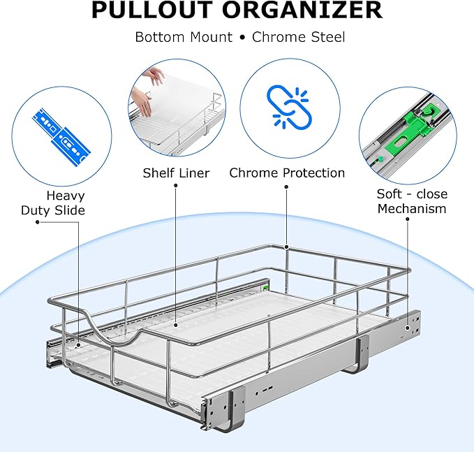 WelFurGeer Soft Close Slide Out Cabinet Shelf, 11" W x 22" D Pull Out Drawers for Kitchen Cabinets, Kitchen Shelf Organizer, Cupboard Organizers and Storage, Under Cabinet Pull Out Shelves