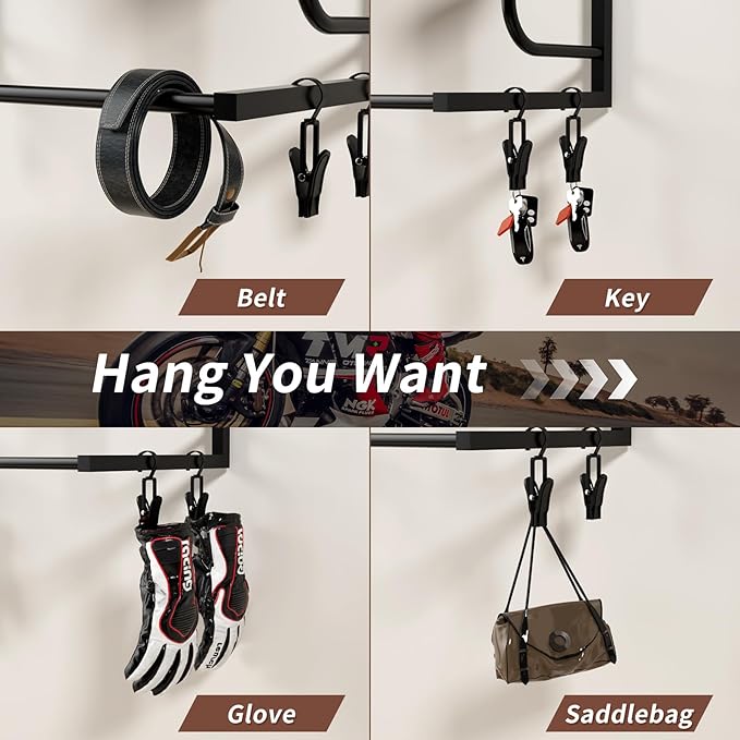 Motorcycle Helmet Holder Wall-Mounted Helmet Rack with 4 Glove Chips& Hooks - Rustic Bike Helmets Storage Organizer, Universal Wall Mount for Helmets, Gear, Clothes, Accessories，Retro