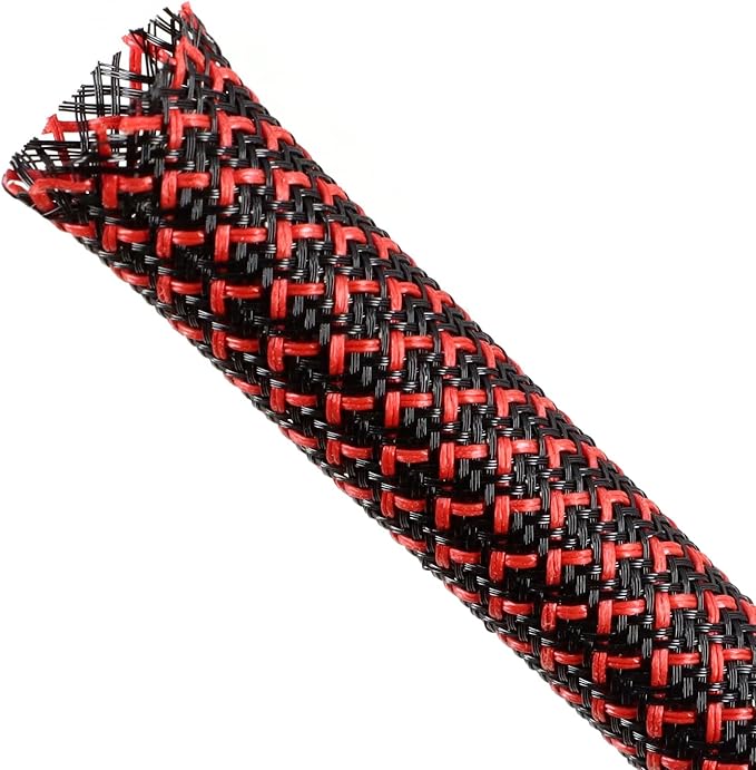 Braided Cable Sleeving, PET Expandable Braided Cable Sleeve, Flexible Mesh Sleeving Cord Management for Audio Video and Other Home Device, Cord Protector from Pets (Black Red, 3/8" x 25ft)