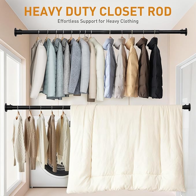 Black Adjustable Closet Rod 18-92 Inches, Heavy Duty Metal Clothes Hanging Rod, Rust-Proof Non-Slip Wardrobe Bar for Closet, Laundry Room, RV