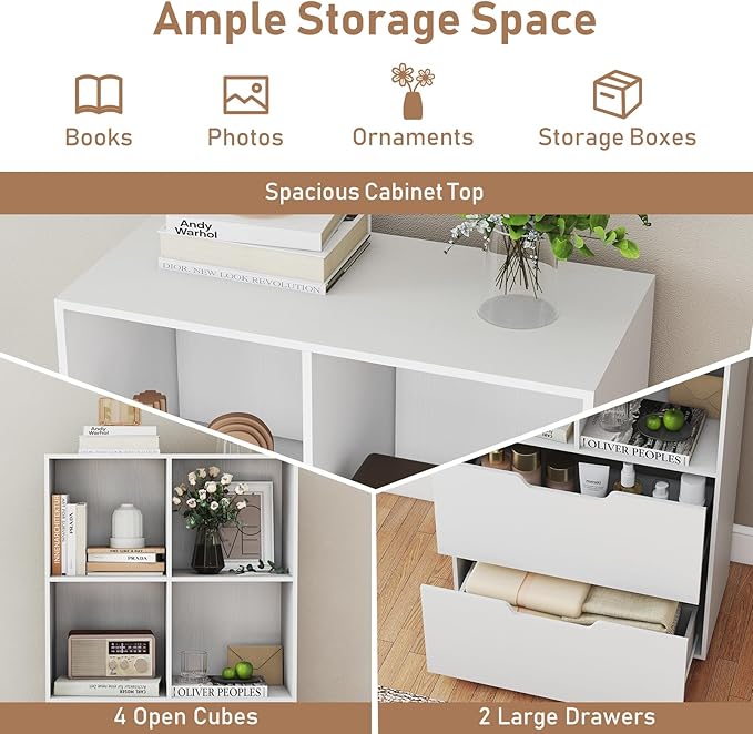 Giantex Bookshelf with 4 Cubes & 2 Drawers, 51” Tall Floor Bookcase with Anti-tip Kits, Freestanding Display Rack Storage Organizer for Study, Living Room, Home Office (White)