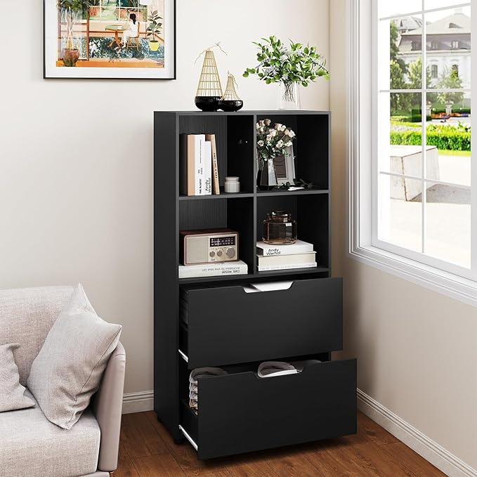 Giantex Bookshelf with 4 Cubes & 2 Drawers, 51” Tall Floor Bookcase with Anti-tip Kits, Freestanding Display Rack Storage Organizer for Study, Living Room, Home Office (Black)