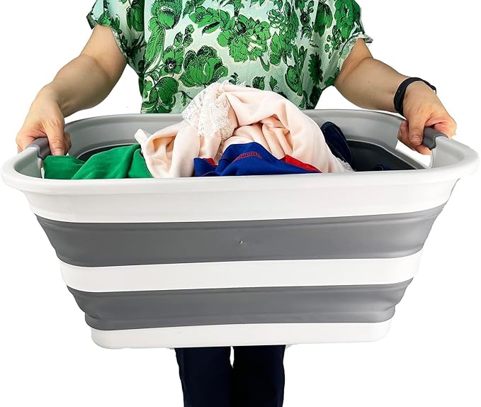 SAMMART Collapsible Plastic Laundry Basket - Foldable Pop Up Storage Container/Organizer - Portable Washing Tub - Space Saving Hamper/Basket (Grey/Steel Grey, 42L)