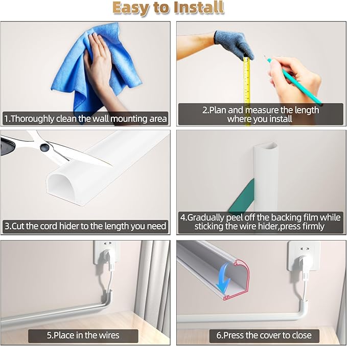 118" Side Open One Cord Hider (<1/4") for Wall Mounted Tv,Extension Cable Cover to Hide Conceal Cords Along Wall,Wire Raceway Management Cable Concealer Channel,Electric Cord Organizer Wiremold,White