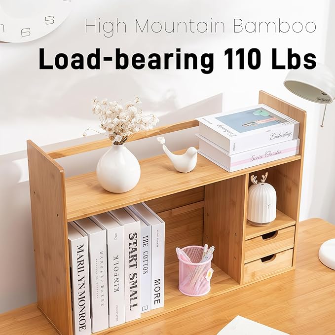 Bamboo Desktop Bookshelf 2-Tier Short Bookshelf with 2 Drawers Desk Shelf for Top of Desk Organizer Shelves Table Top Shelf Desktop Shelves for Offices & Studies (Short Style-22.83" L)