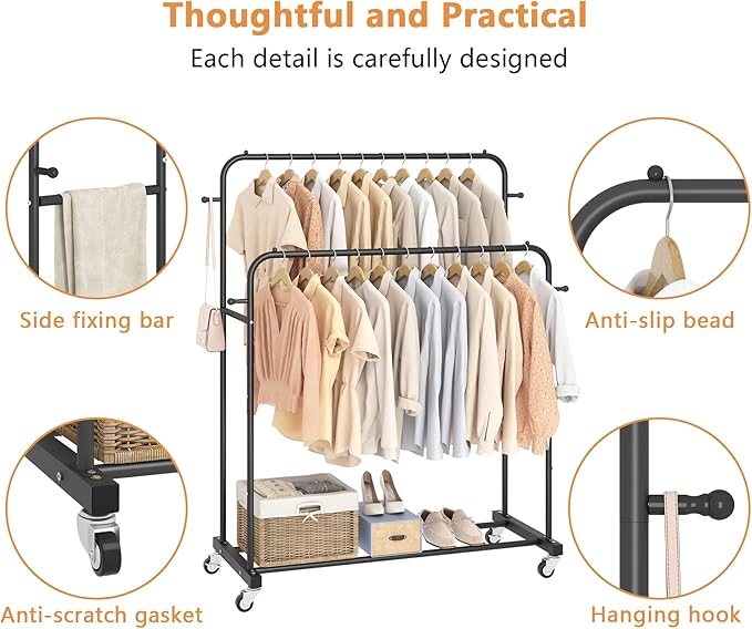 Laiensia Double Rods Garment Rack with Wheels, Clothing Rack for Hanging Clothes,4 Hooks, Multi-functional Bedroom Clothes Rack, Black