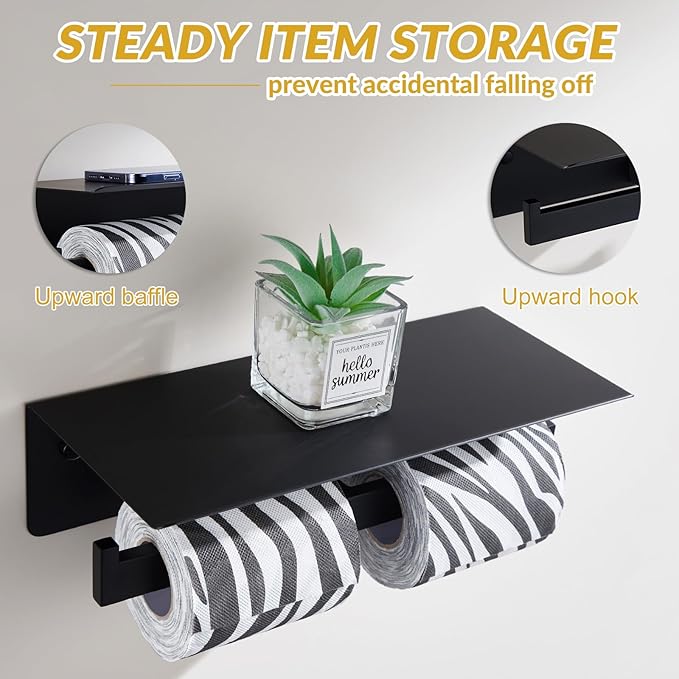 APLusee Matte Black Double Toilet Paper Holder with Shelf, 304 Stainless Steel Bathroom Tissue Roll Holder, Commercial Paper Dispenser Wall Mounted