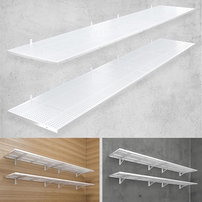 4-Pack 1.5x4ft Heavy Duty Garage Wall Shelving, 1000 lbs Load Capacity, Garage Shelving Wall Mounted, Storage Rack with Hooks, White