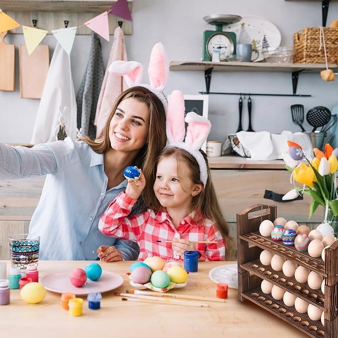 Wooden Egg Holder 3 Layer Fresh Egg Rack Holders Countertop Stackable Quail Egg Sorter Storage Trays Organizer Display Stand Kitchen Rack, Fits Duck, Turkey, Chicken Eggs,up to 36 Eggs, 3 Tier-Brown