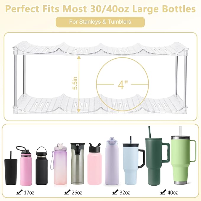 Stackable Water Bottle Organizer for Stanley 40oz Tumblers – Acrylic Water Bottle Holder for Cabinet, Pantry, Clear Tumbler Rack Organizer, Stanley Cup Storage, 2 Tier, Holds 8 Bottles