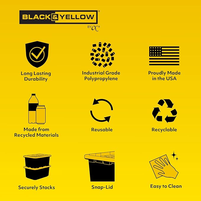 CX BLACK & YELLOW, 5-Gallon Heavy Duty Bucket Tough Storage Container & Snap-Tight Lid, (14.9H x 12W x 13D), Weather-Resistant Design and Stackable Organization Tote [6 Pack]