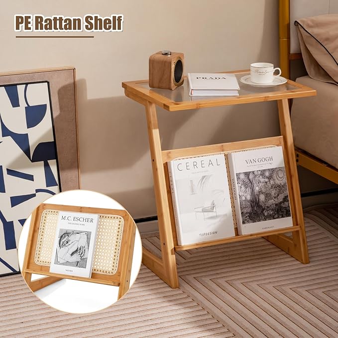 GOFLAME Rattan Side Table Set of 2, Z-Shaped End Table with Magazine Rack, Bamboo Sofa Side Accent Table with Glass Top, Small Boho Nightstand, Bedside Table for Small Space, Living Room, Bedroom