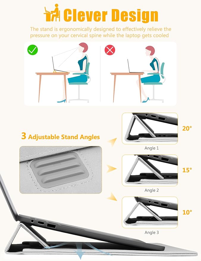 HYZUO 15-16 Inch Laptop Sleeve Case with Stand for MacBook Pro 16 M4/M3/M2/M1 2025-2019, MacBook Pro 15 2015-2012, XPS 15, Samsung Galaxy Book Flex/Pro 15, Light Gray