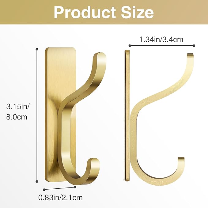 pickpiff Adhesive Wall Hooks for Hanging Towels: Brushed Gold Stainless Steel, 13LB Strong Hold Sticky Hangers for Coats, Purses,Bags, Keys - Bathroom, Kitchen, Door, Shower, Dorm, RV - 6 Pack