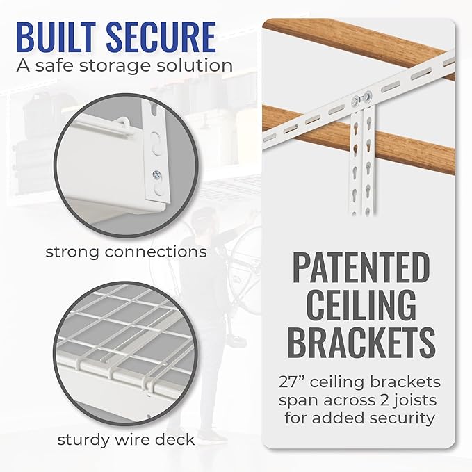 SafeRacks 4x8 Overhead Garage Storage Rack Heavy Duty - White (12"-24") - Holds 600 lb
