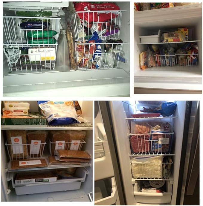 Upright Freezer Organizer Bins， Freezer Baskets for 14, 15 cu.ft Standup Freezer, Wire Storage Baskets with Built-in Handles for Frozen Foods, Snacks, Vegetables, Fruits and More, 4Pcs , White