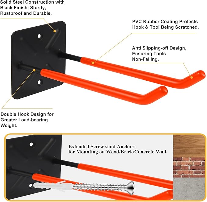 Steel Garage Storage Hooks Wall Tool Organizer, 12.4 Inch Garage Hook Heavy Duty Utility Storage Hangers Orange for Ladders, Chairs, Garden Tools, Set of 4