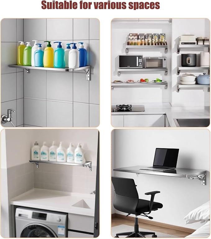 304 Stainless Steel Folding Wall Shelf Wall Mount Kitchen Storage Shelves Rounded Corners Food-grade Folding Table Thickened Bracket for Laundry Room Garage Restaurant.(100x35cm/39.4x13.8in)
