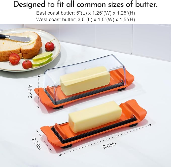 Butter Dish, IKOCO Airtight Butter Dish with Lid for Countertop and Refrigerator, Dishwasher Safe Butter Holder Container for Eastern and Western butter, Orange