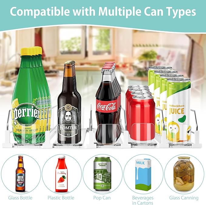 Drink Organizer for Fridge, 5 Row Automatic Pusher Glide, Adjustable Width Soda Can Dispenser for Refrigerator-Holds up to 25 Cans